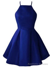 Blue Satin Halter Knee Length Bridesmaid Dress, Royal Blue Homecoming Dress